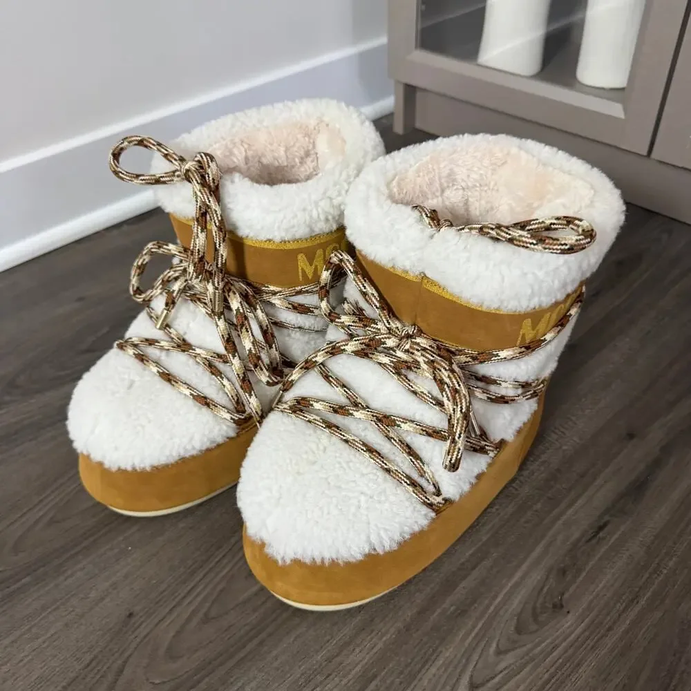 Moon Boot Icon Low Shearling Trim Wool 42/44 NEW Whiskey Brown Ivory Booties - Picture 2 of 8